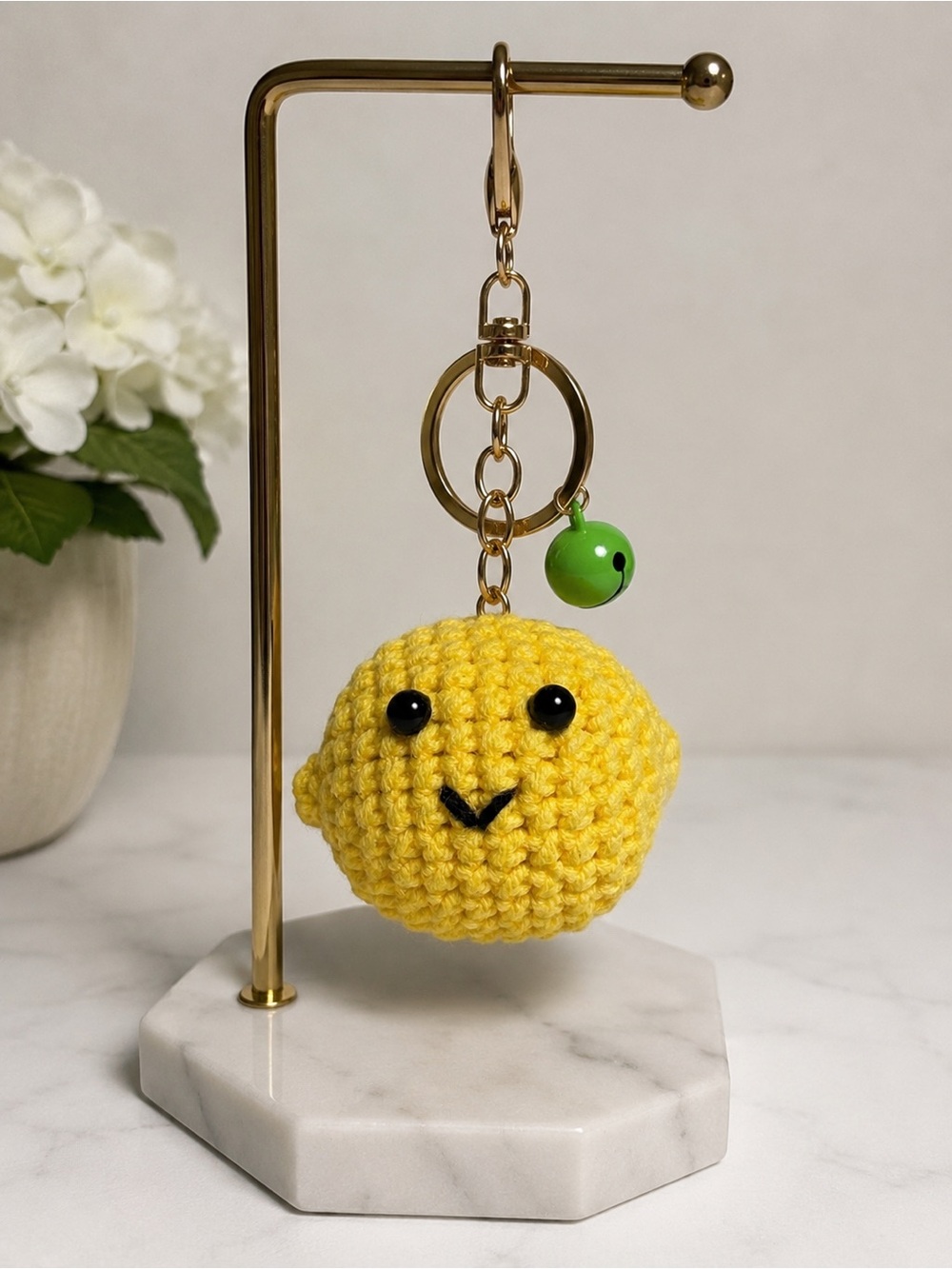 Handmade Yellow Crochet Lemon Keychain with Green Bell